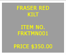 Text Box: FRASER REDKILT&nbsp;ITEM NO.FRKTMN001&nbsp;PRICE $350.00