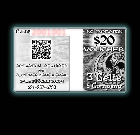 3 Celts and Company :: <small>NO EXPIRATION VOUCHERS. </small><br>Order online or from one of our Certified Distributors.