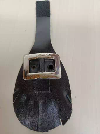 Black Leather Gillie Shawl with Silver Tone Buckle.